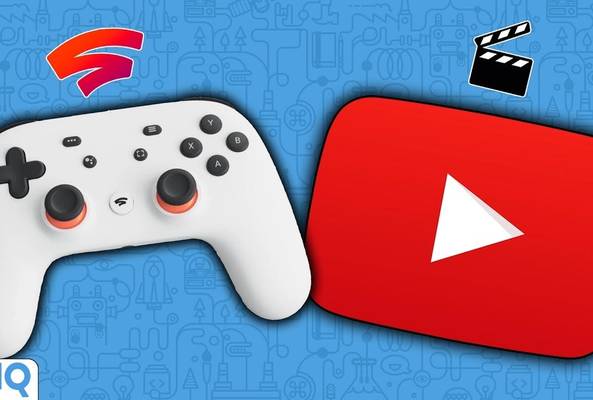 Google Stadia controller with YouTube play button and vidIQ logo on blue background.