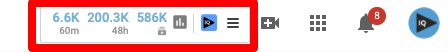 Dashboard showing social media metrics including likes, views, and notifications icon.