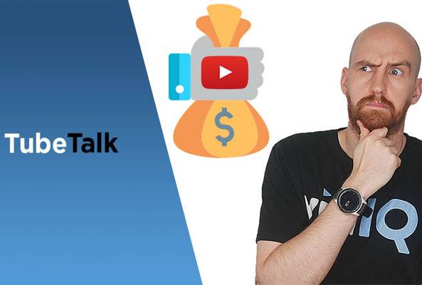 Man thinking beside TubeTalk logo and icon of money bag with YouTube play button