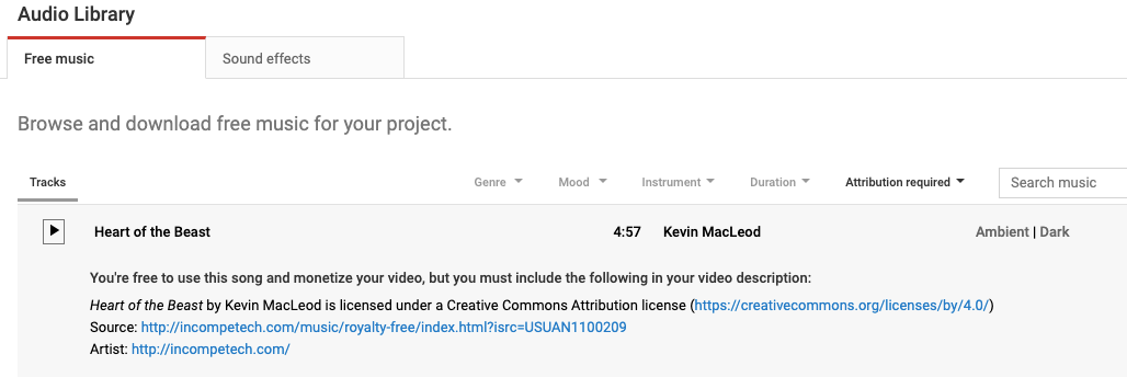YouTube Audio Library free music download interface showing track details and usage terms