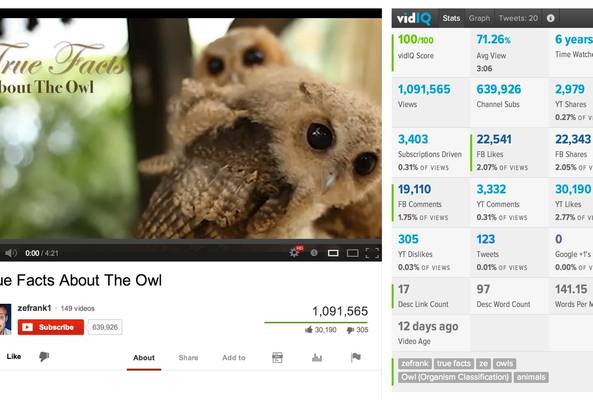 Thumbnail of YouTube video "True Facts About The Owl" with two owls close-up and stats.