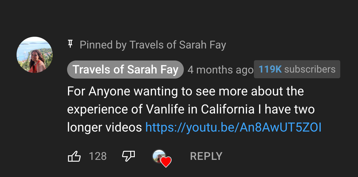 YouTube comment by Travels of Sarah Fay about vanlife experience videos in California.