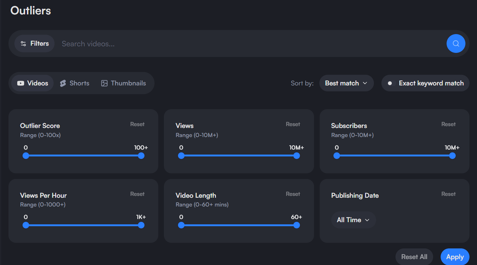 vidIQ Outliers filters