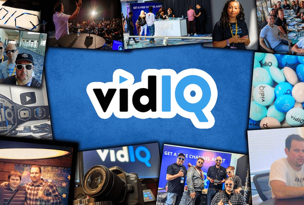 vidIQ logo surrounded by team photos, event booths, branded items, and social media moments