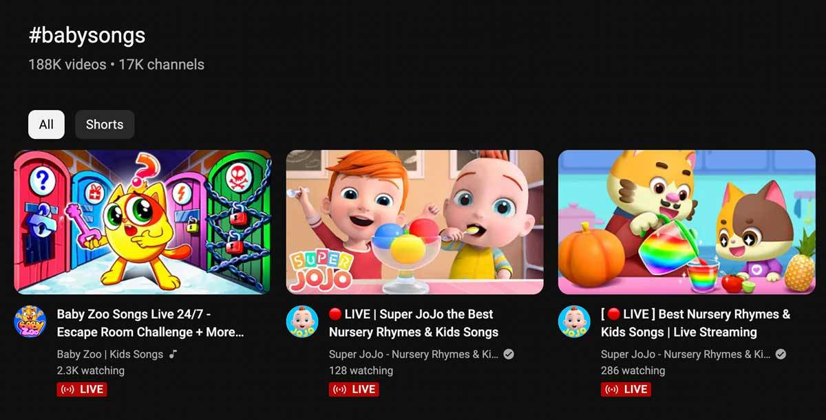 A collection of videos on the #babysongs hashtag page
