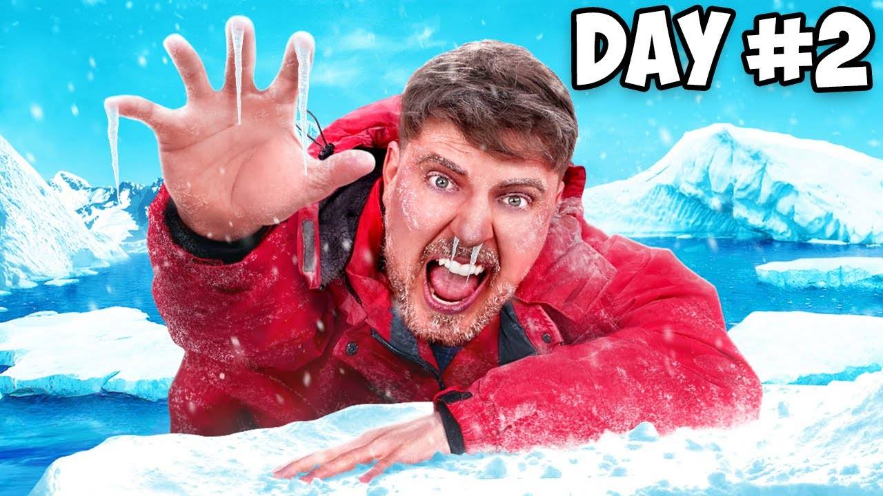 A MrBeast thumbnail, showing him in any icy place reaching out for help