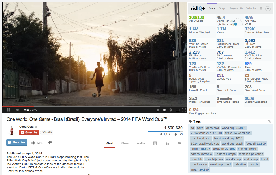 Video screenshot showing a person playing soccer at sunset promoting 2014 FIFA World Cup