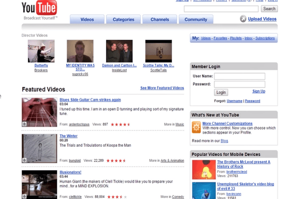 Screenshot of old YouTube homepage featuring video thumbnails and member login section