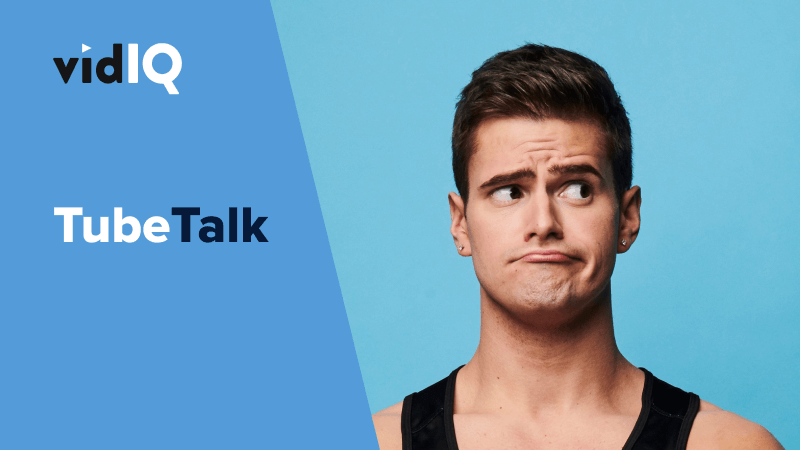 vidIQ TubeTalk branding with confused young man on blue background for video content.