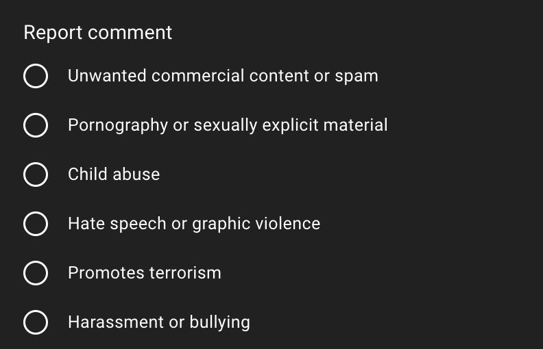 YouTube comment reporting options