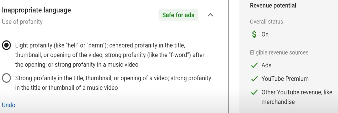 YouTube content settings showing inappropriate language options and revenue potential status.