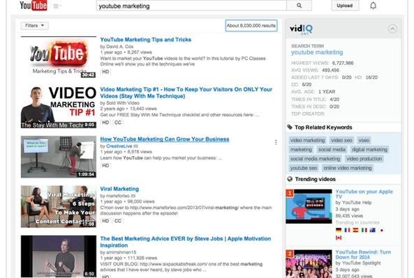 YouTube search results for "youtube marketing" showing video titles and vidIQ keyword insights