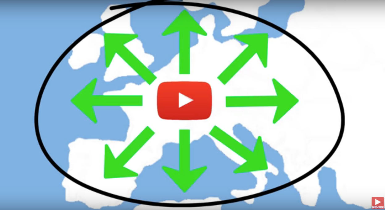 YouTube logo with green arrows pointing outward on a map background representing content distribution.