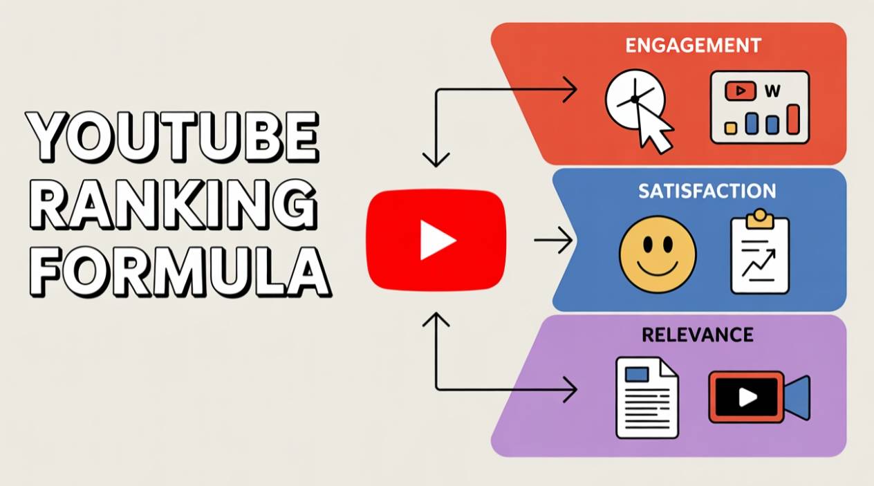 YouTube Ranking Formula showing engagement elements, satisfaction elements, and relevance elements pointing to a YouTube play button
