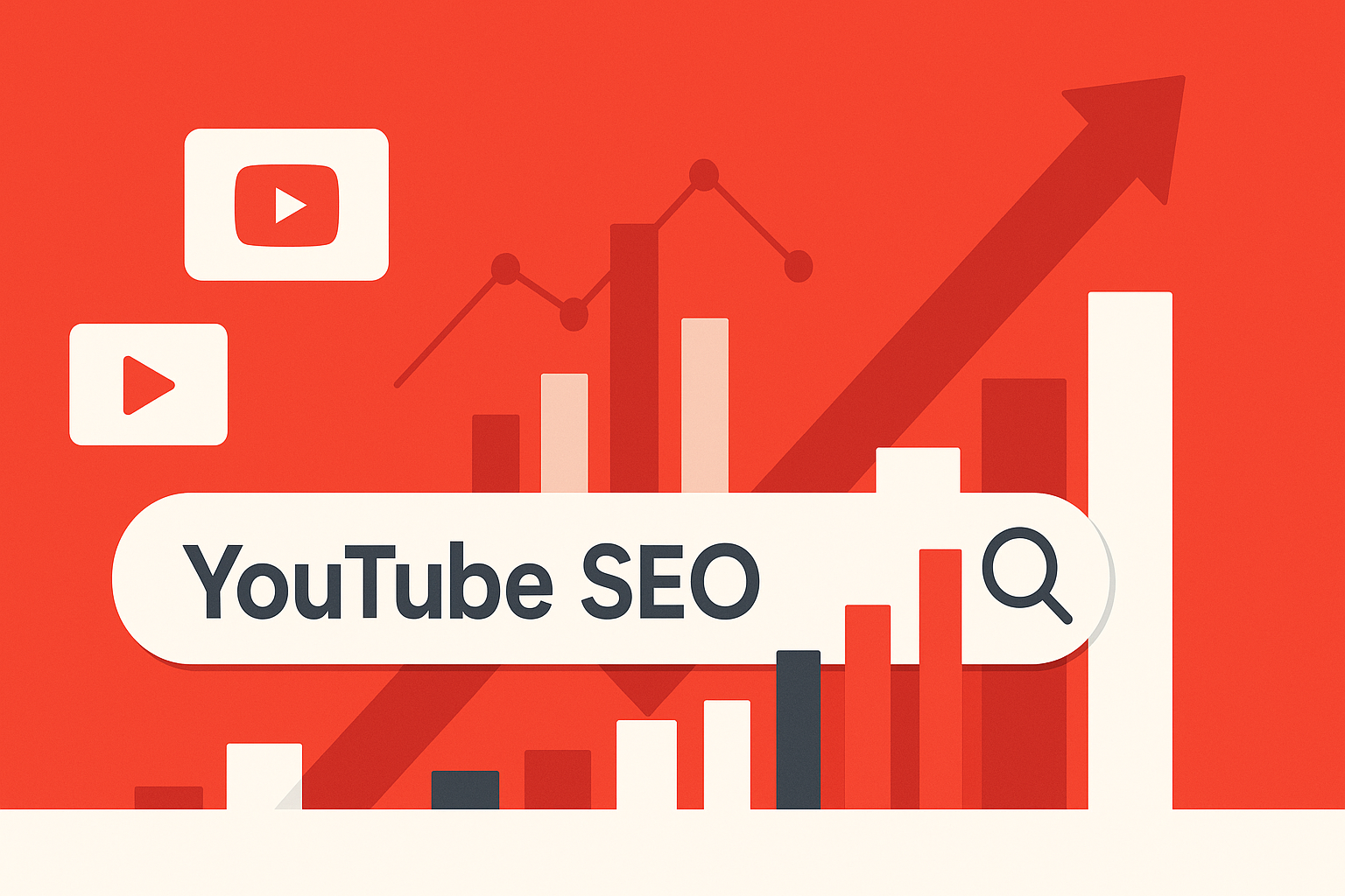 Stylized illustration of a search bar with 'YouTube SEO' typed in, surrounded by video thumbnails, bar charts, and upward arrows symbolizing growth