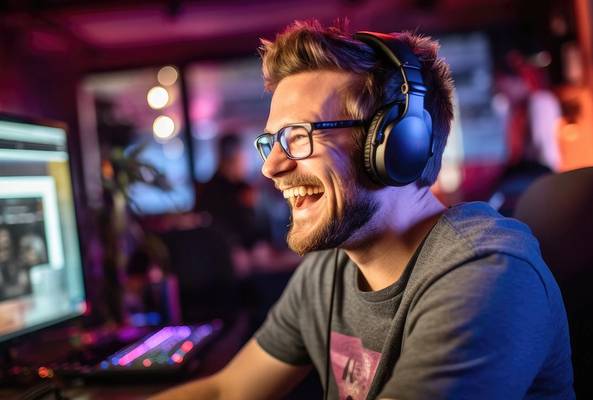 Man wearing headphones and glasses smiling while gaming on a computer in low light.