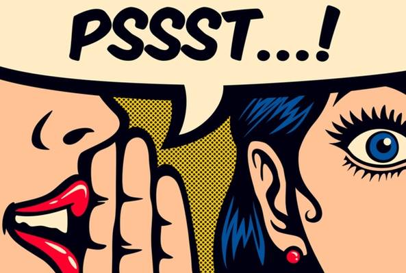 Pop art style woman whispering secret with "PSSST...!" speech bubble in retro comic design.