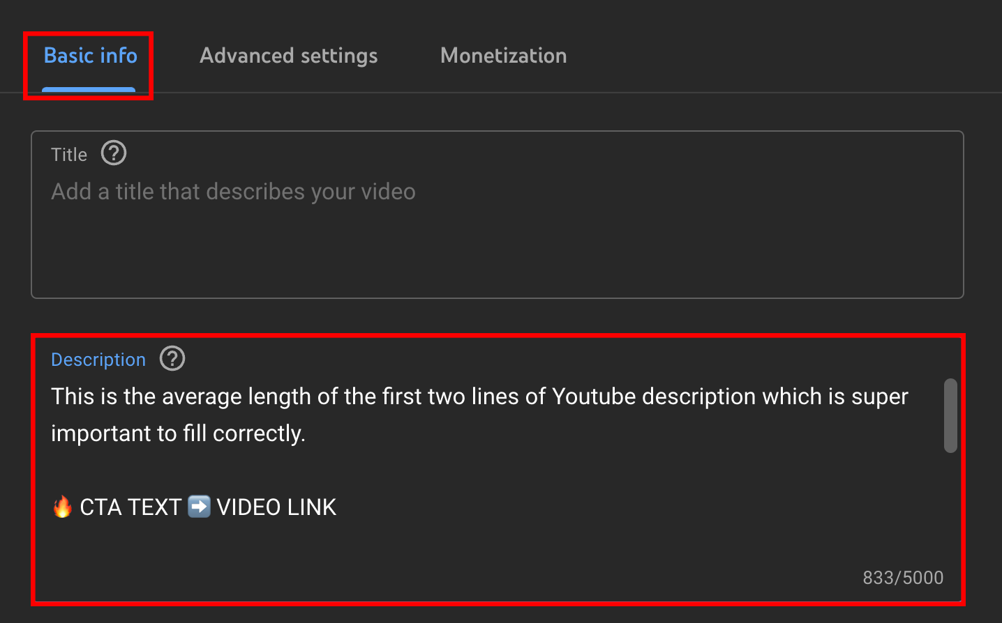 The uploads default screen, with the Basic info tab highlighted in the top left corner.