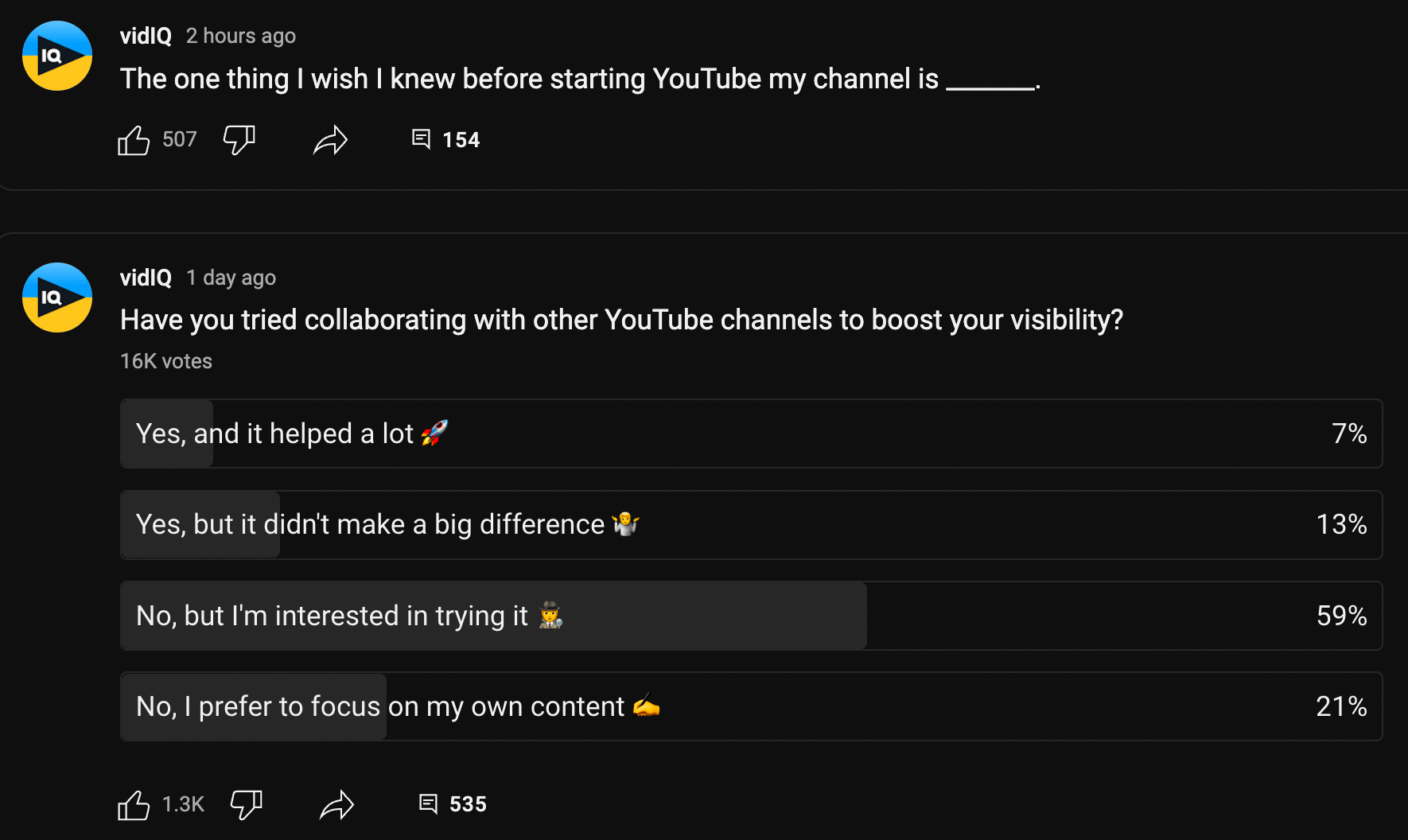 Two YouTube community posts from vidIQ. One showing a poll, and one asking viewers a question.
