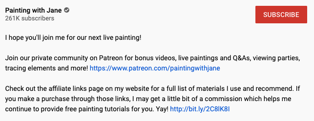 YouTube channel Painting with Jane subscription button and community support text snippet