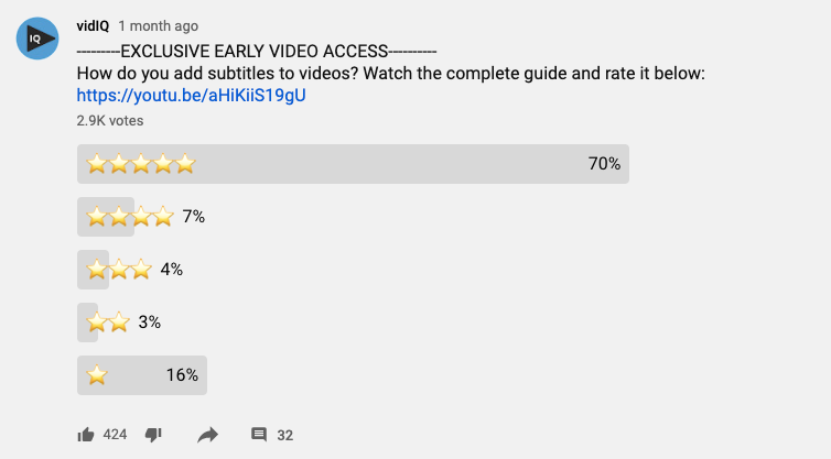 YouTube comment showing video subtitle guide with mostly 5-star ratings and engagement metrics