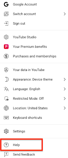 contact YouTube Support from account