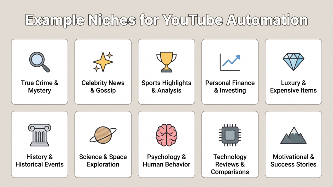 icons of the ten examples niches for YouTube Automation