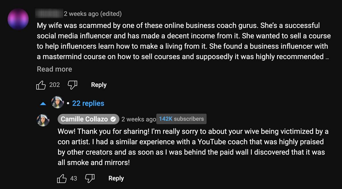 A video creator responds to a YouTube comment with empathy and understanding