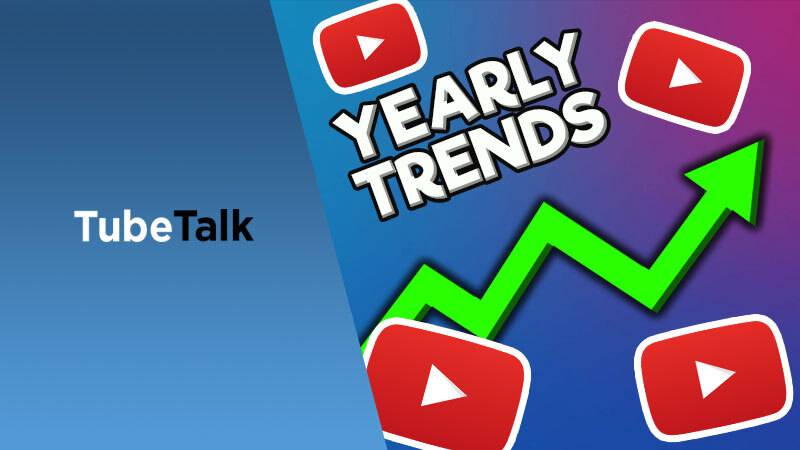 TubeTalk yearly trends with upward graph and YouTube play button icons on blue background