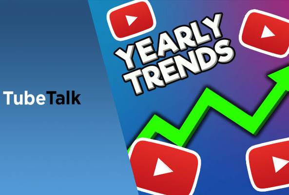 TubeTalk yearly trends with upward graph and YouTube play button icons on blue background