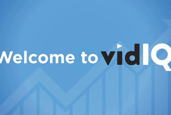 Welcome to vidIQ logo on blue background with upward trending graph arrows icon