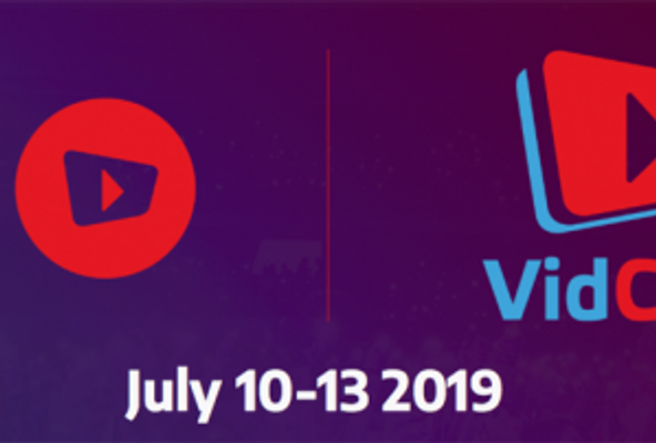 VidCon 2019 logo with event dates July 10-13, digital video conference branding image