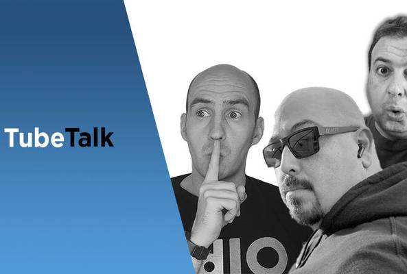 TubeTalk logo with three men in black and white showing expressions on a white background.