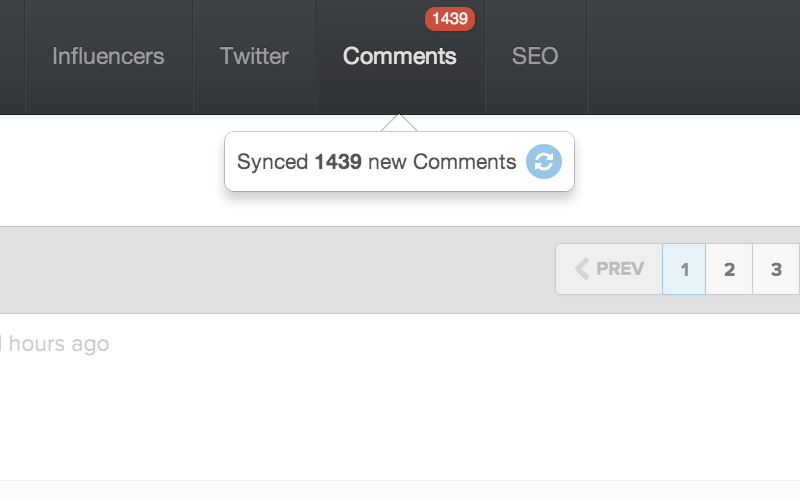 Dashboard showing 1,439 synced new comments under the Comments tab for social media monitoring