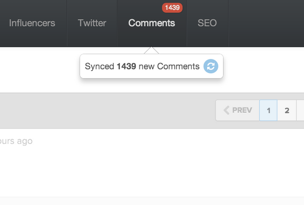 Dashboard showing 1,439 synced new comments under the Comments tab for social media monitoring