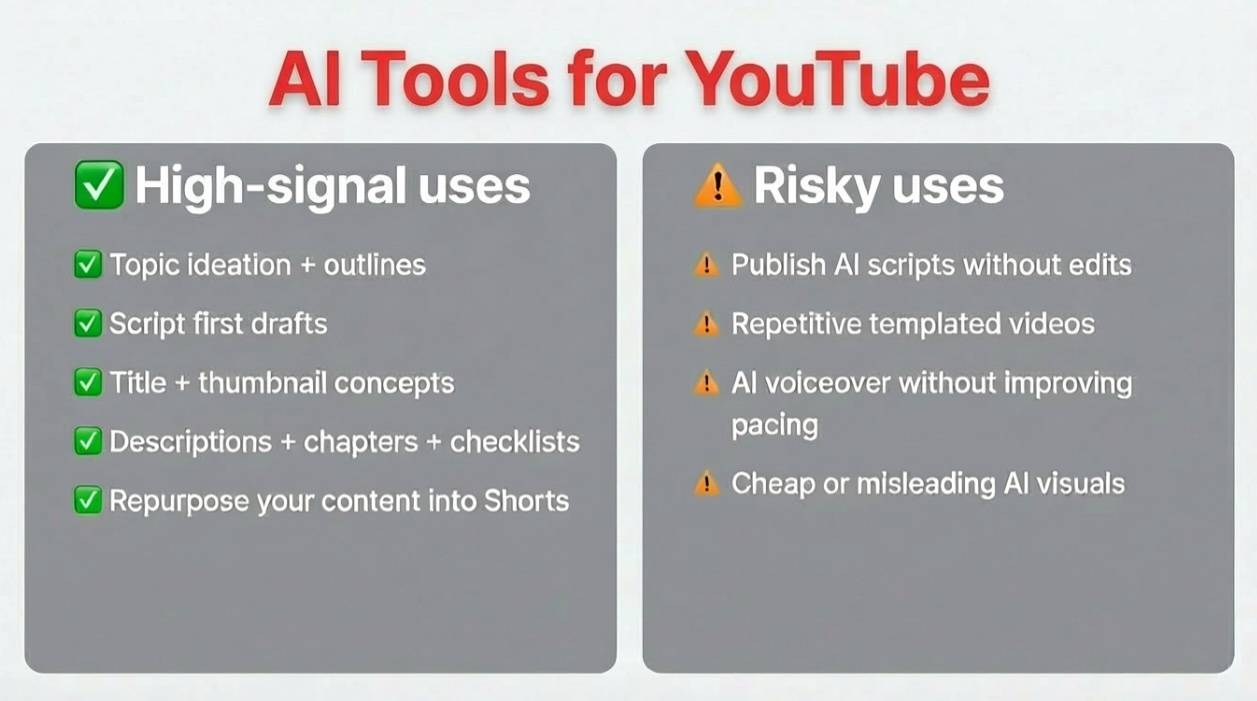 a graph showing good uses for AI including outlines and concepts, and risky uses of AI including poor voiceovers and visuals