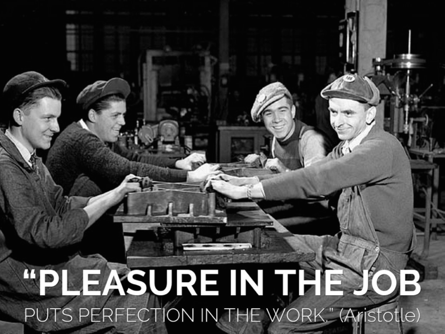 Four factory workers smiling while assembling parts, with a motivational quote overlay.