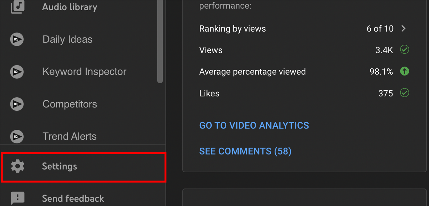 The left menu of the YouTube Studio, with the "settings" option highlighted.