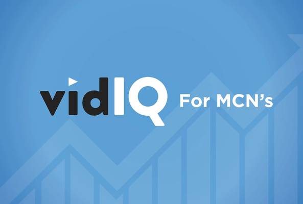 vidIQ logo on blue background with upward trending graph for MCN growth and optimization