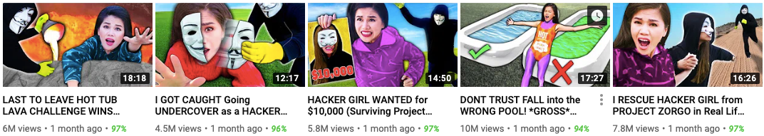 YouTube video thumbnails showing a woman facing hackers in various challenge and rescue scenarios.
