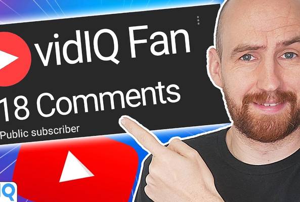 Man pointing to vidIQ Fan 618 Comments on YouTube with vidIQ logo and colorful background