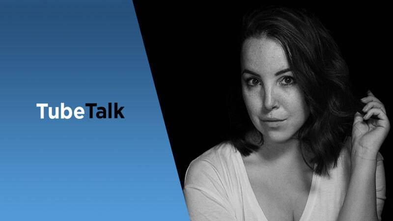 Black and white portrait of woman with TubeTalk logo on blue background, video podcast concept