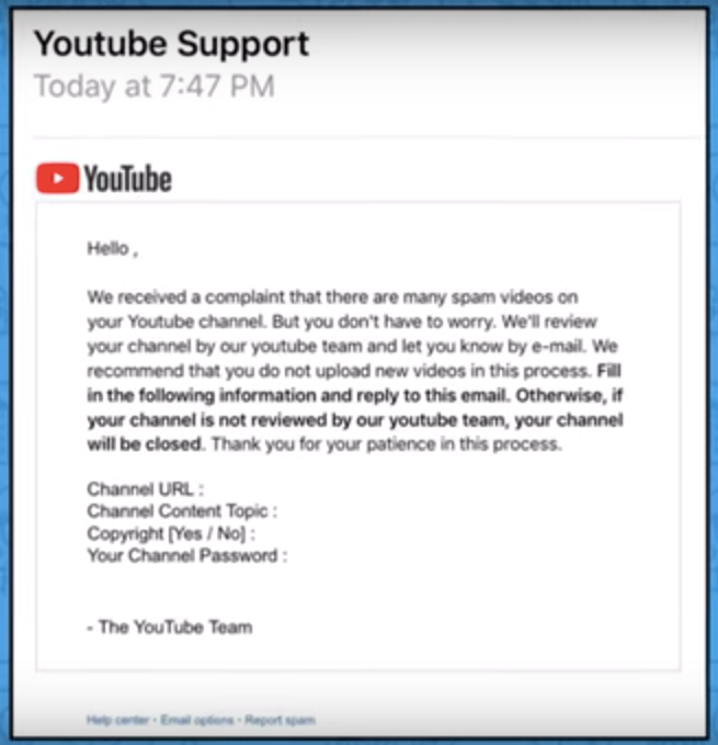 Screenshot of a YouTube support email warning about spam videos and channel review process.