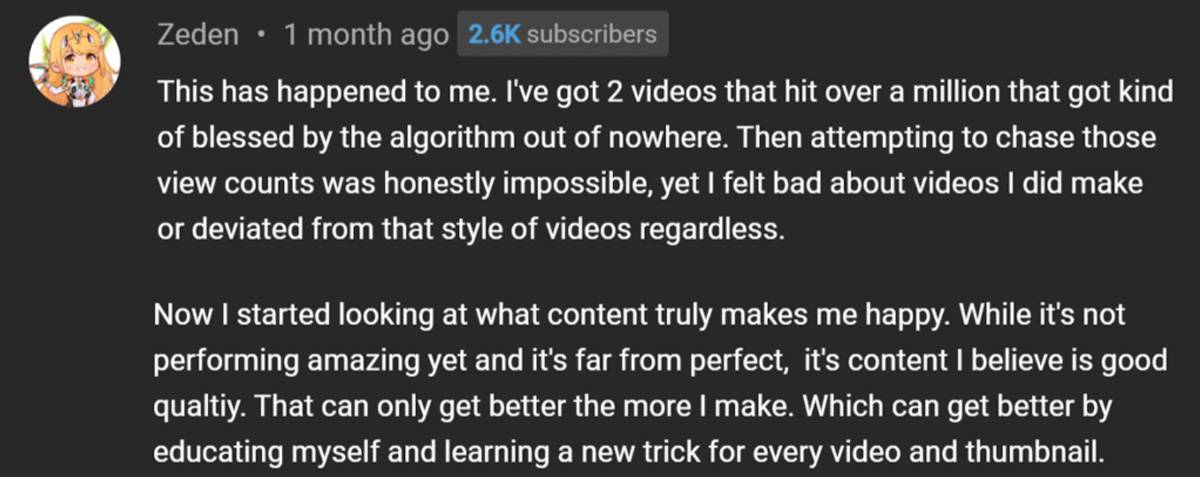 YouTube comment where a creator explains the negatives of going viral