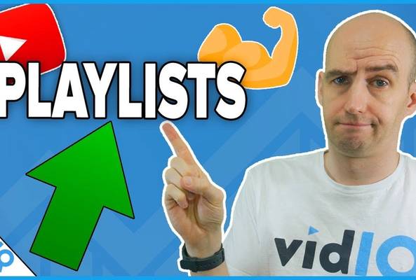 Man in vidIQ shirt points to "PLAYLISTS" text with YouTube and growth arrow icons.
