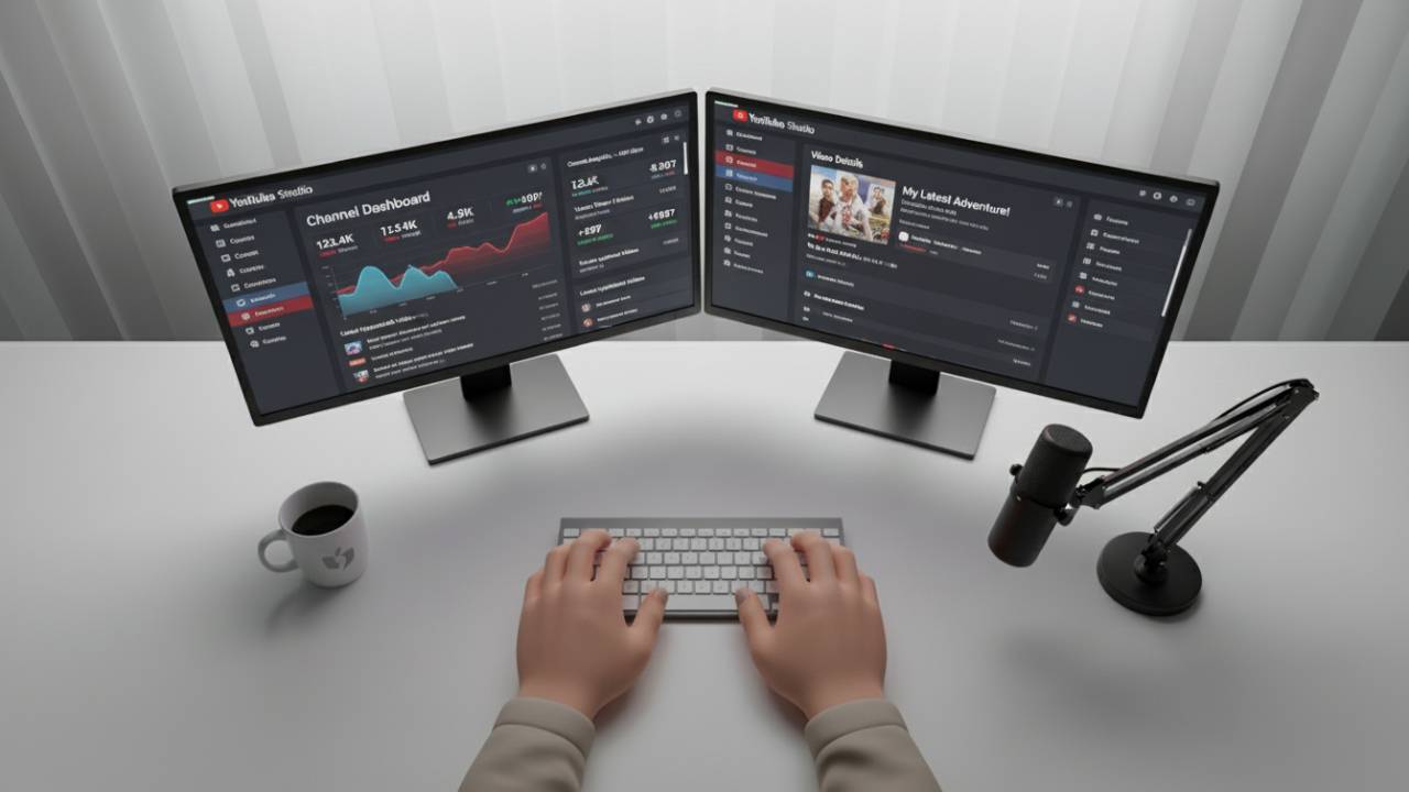 two monitors showing two different YouTube Studio