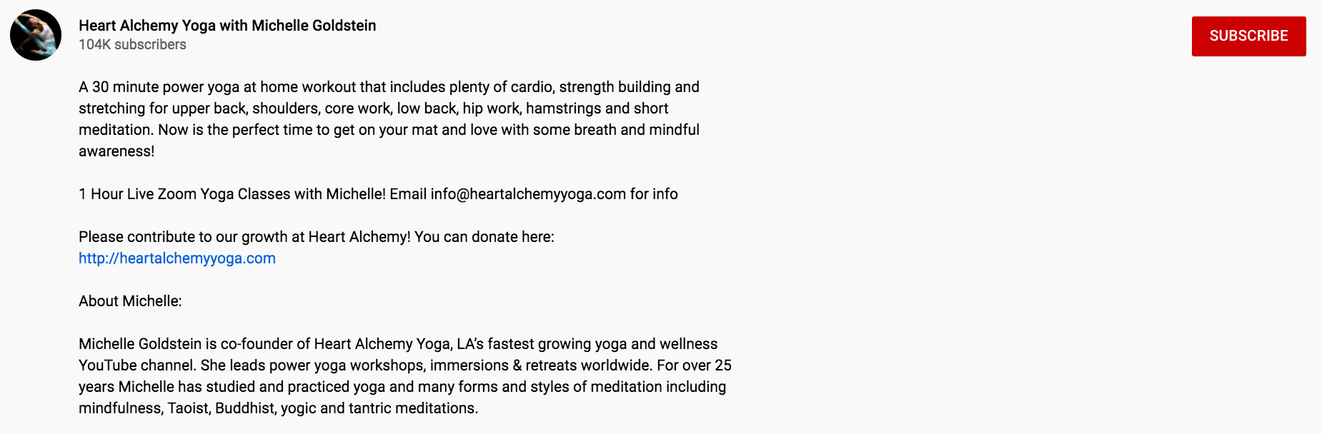 YouTube channel page for Heart Alchemy Yoga with Michelle Goldstein and subscribe button
