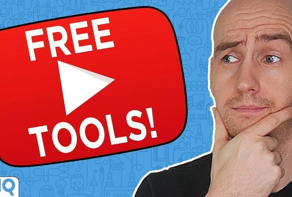 Man thinking beside red icon with white play button and text "Free Tools!" on blue background