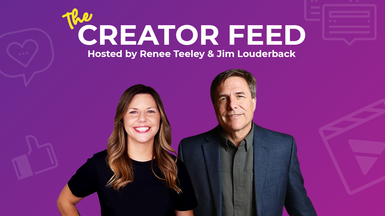 The Creator Feed podcast hosts Renee Teeley and Jim Louderback on purple background