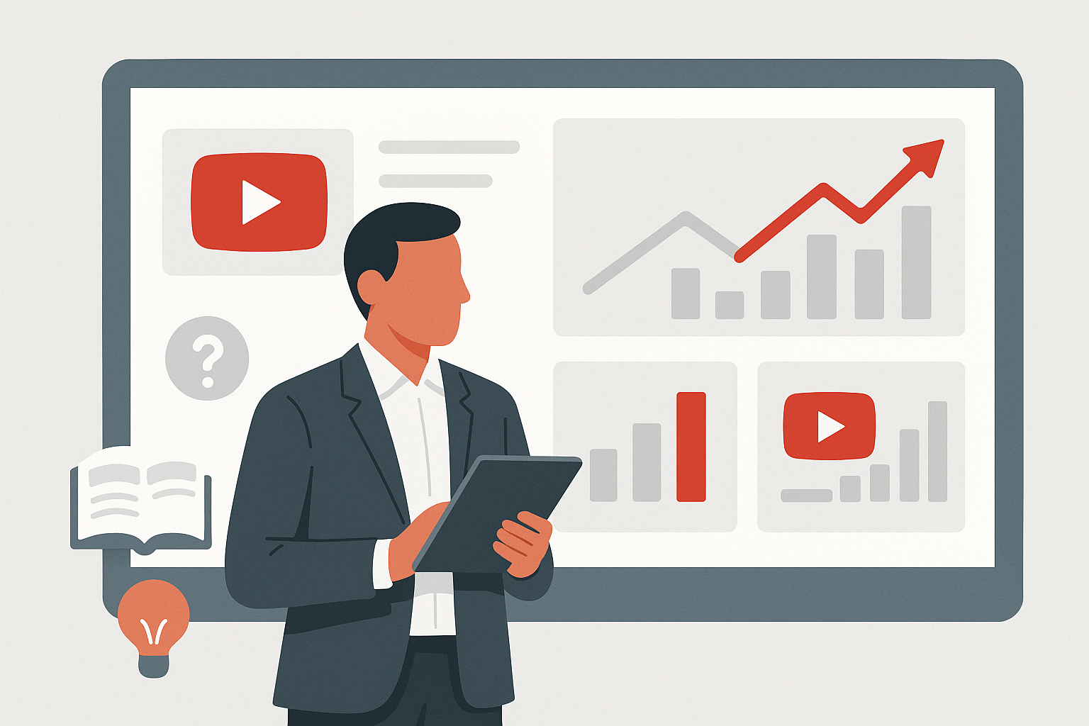 illustration of a strategist holding a tablet in front of a YouTube analytics dashboard with charts and growth arrows.